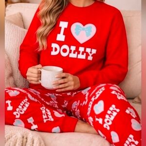I ❤️ Dolly Parton Cozy Sleep/Lounge Set, Heart/Bow Print, Long Sleeve & Joggers.